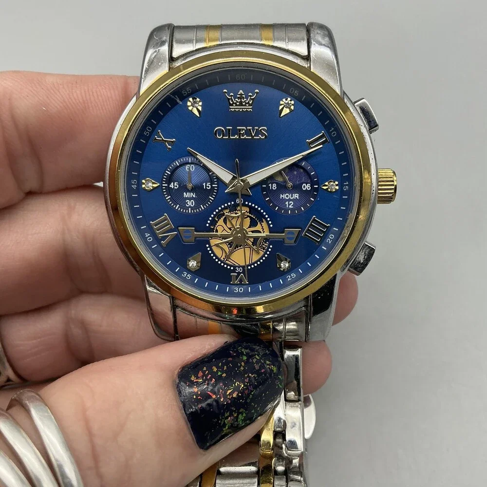 OLEVS 2856G Mens Watch 41mm Blue Dial Two Tone Chronograph New Battery 8.75